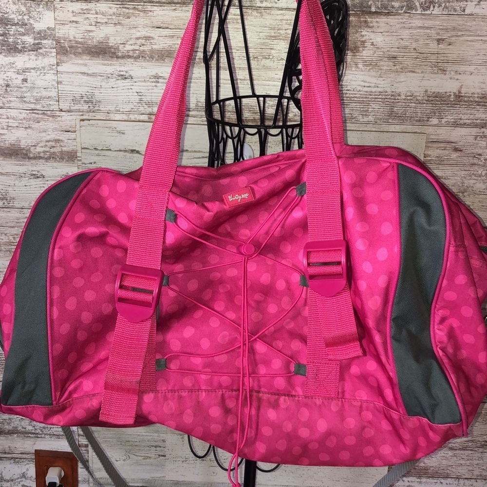 Thirty one duffel bag polka dot travel bag large thirty one bag pink and gray - Picture 2 of 15